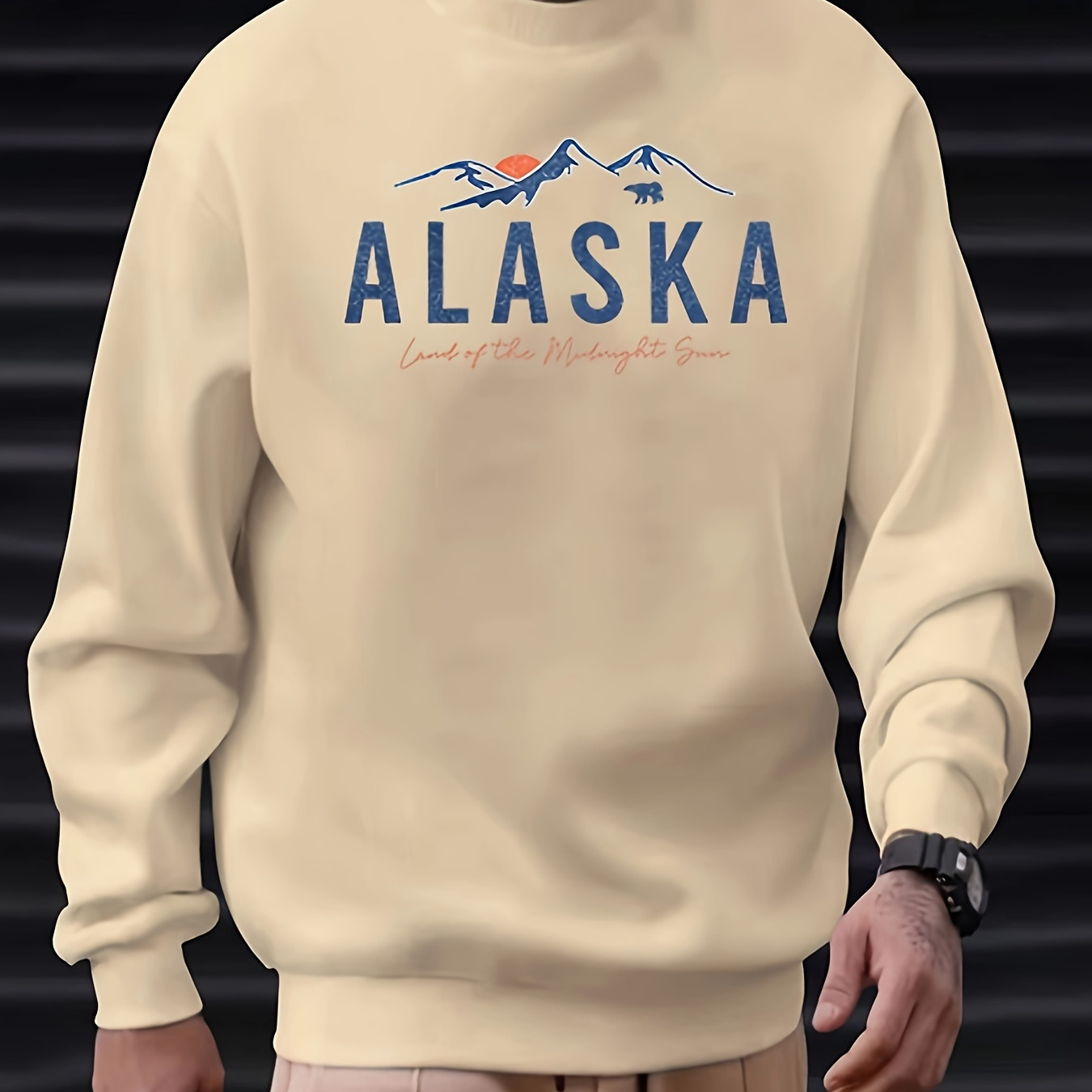 

Mountain And Alaska Print Fashionable Men's Casual Long Sleeve Crew Neck Pullover Sweatshirt, Suitable For Outdoor Sports, For Autumn Spring, Can Be Paired With Necklace, As Gifts