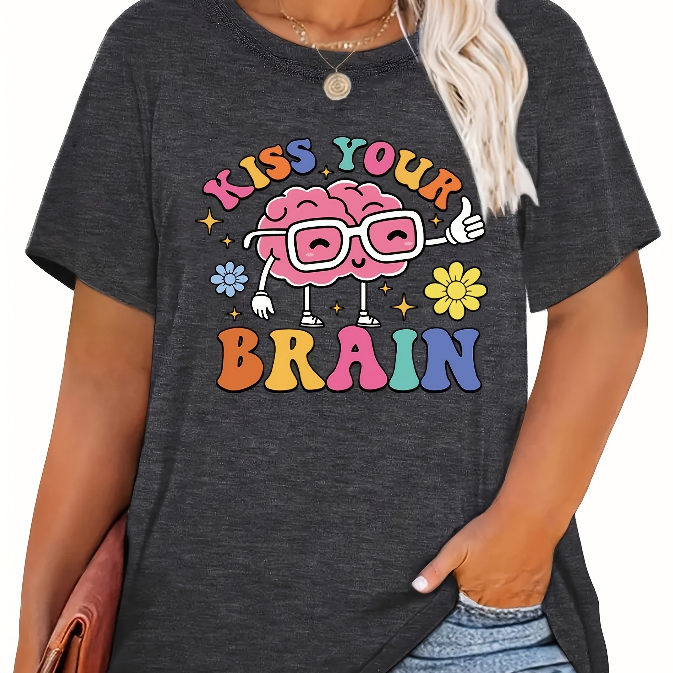 

Plus Size Brain Print T-shirt, Casual Crew Neck Short Sleeve T-shirt, Women's Plus Size clothing