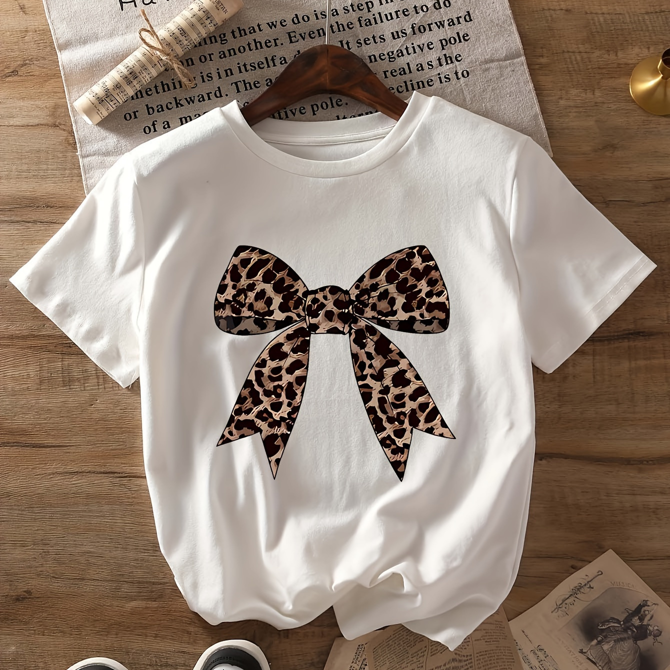 

Chic Leopard Bow Print T-shirt For Women - Casual Short Sleeve, Crew Neck Top, , Machine Washable