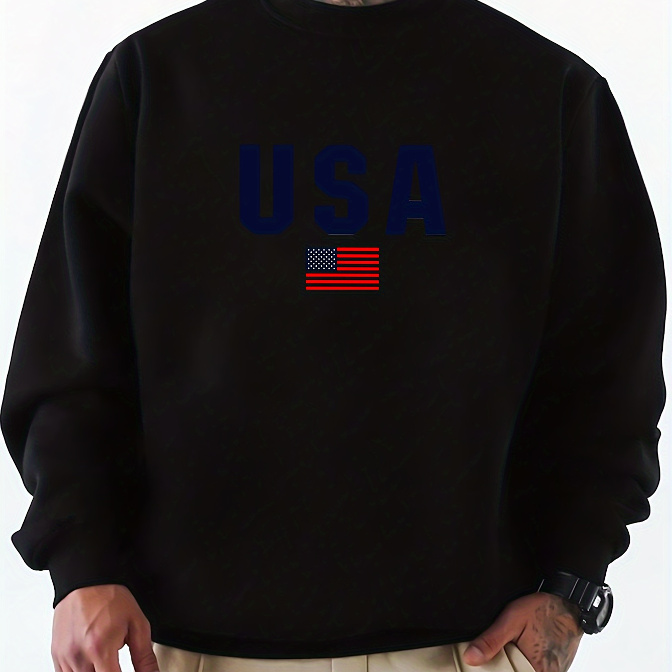 

Usa Flag Printed Men's Casual Crewneck Sweatshirt - Geometric Pattern, Long Sleeve, Polyester Blend, Regular Fit