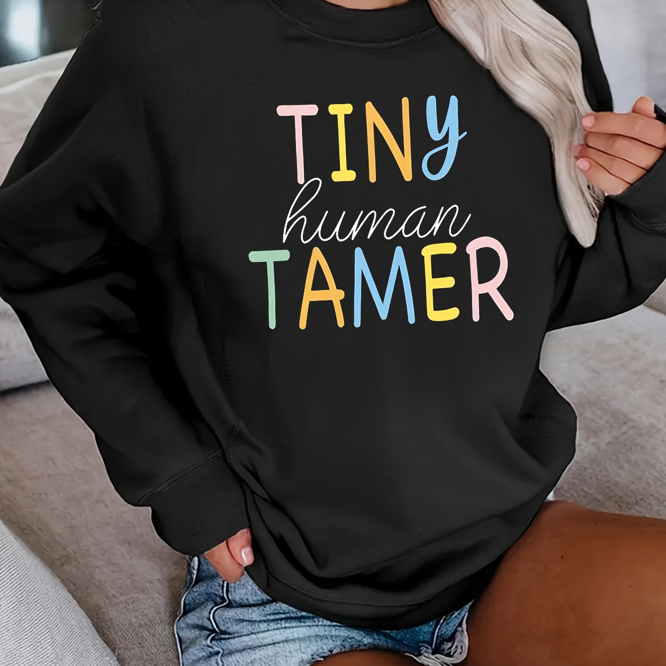 

Casual Crew Neck Long Sleeve Sweatshirt With " Tamer" Print - Polyester Blend (60% Polyester, 35% Rayon, 5% Spandex), Slight Stretch Knit Fabric, Regular Fit Pullover For All Seasons