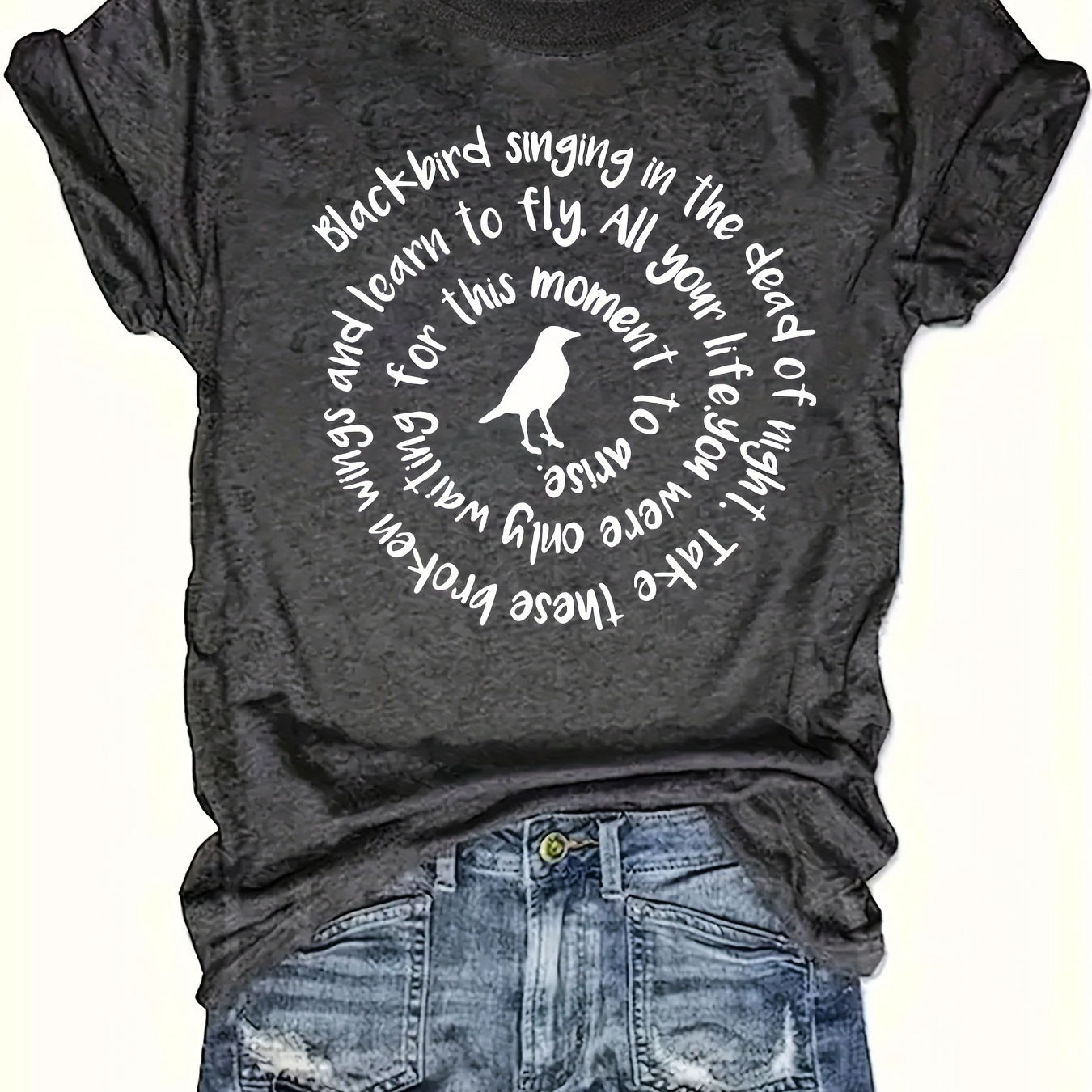 

Plus Size Bird & Slogan Print T-shirt, Short Sleeve Crew Neck Casual Top For Summer & Spring, Women's Plus Size Clothing