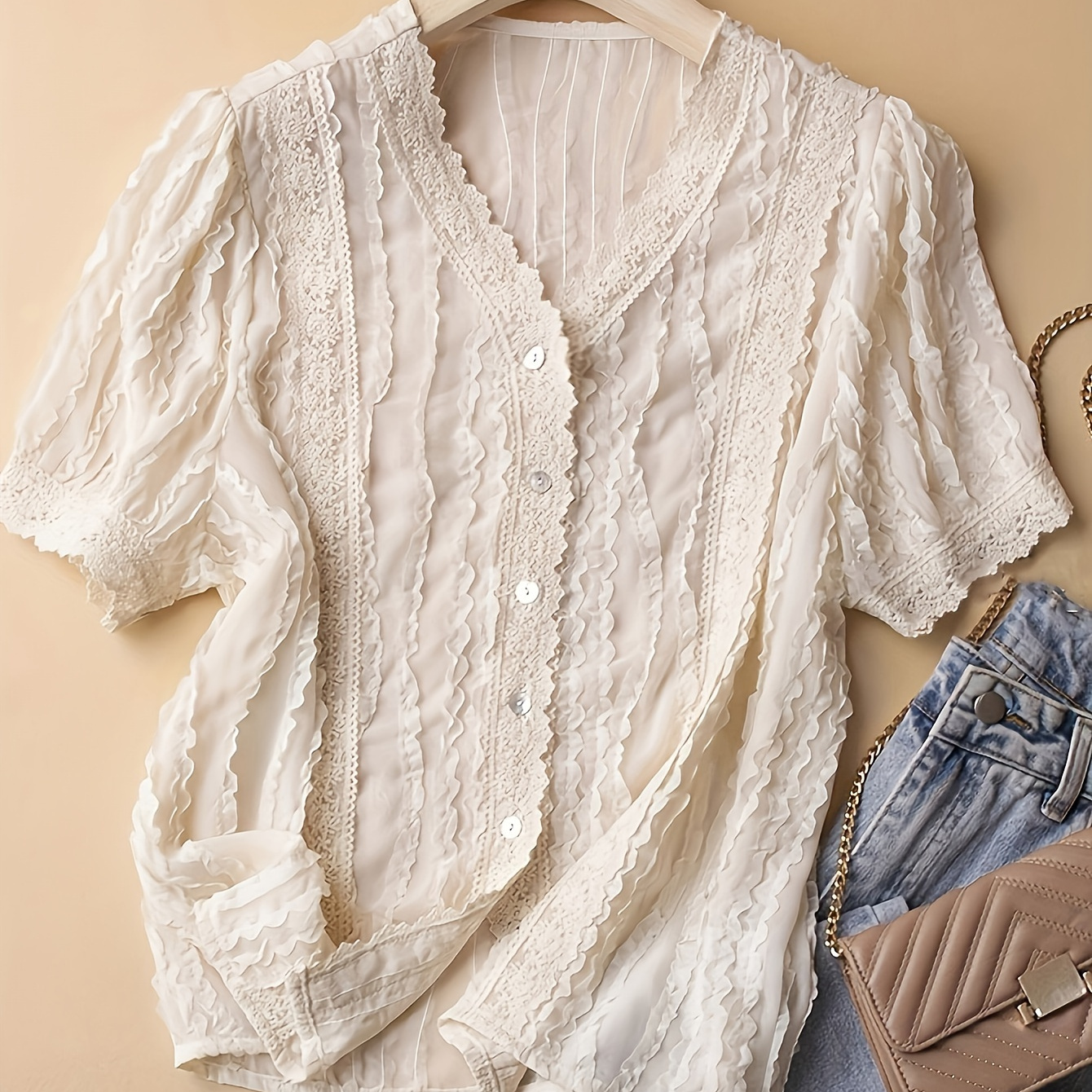 

Plain Color Button Front Blouse, Casual Short Sleeve Lace Trim Top For , Women's Clothing
