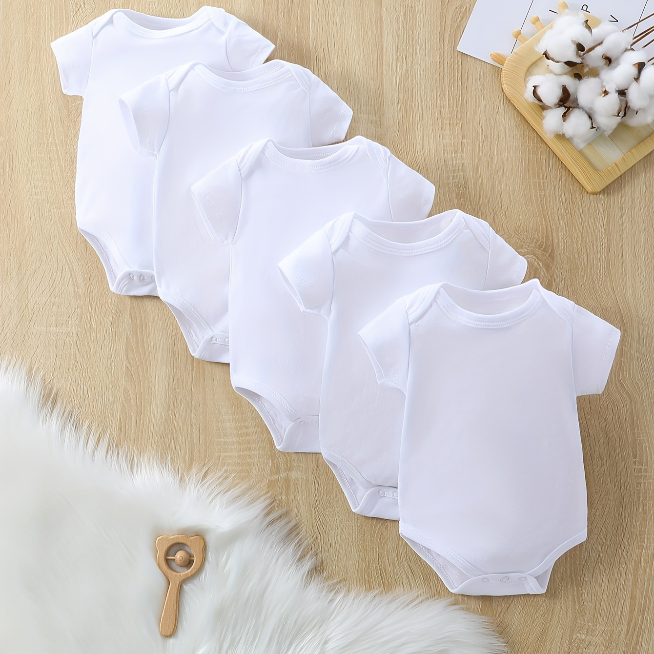 

5pcs Newborn Infant Solid Color Romper Short Sleeve Crew Neck Bodysuit Onesies For Baby Girls And Boys Toddler Summer Clothes