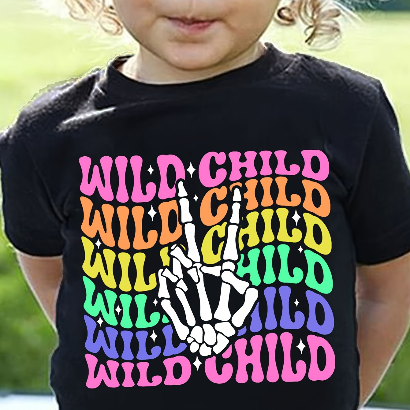 

Wild Child & Cartoon Skeletal Hands Graphic Print, Girls' Casual & Comfy Crew Neck Short Sleeve Tee For Spring And Summer, Girls' Clothes