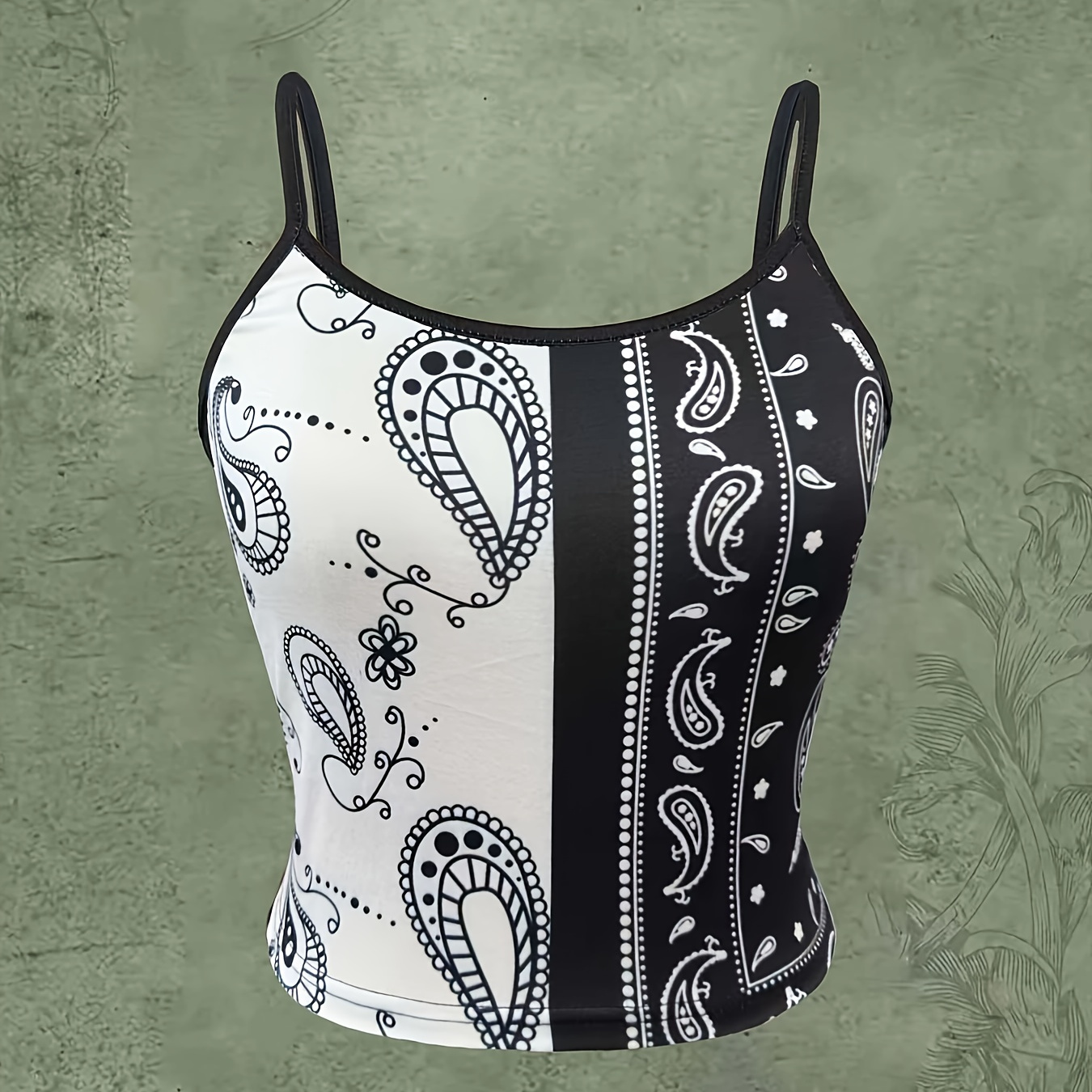 

Paisley Print Spaghetti Strap Crop Top, Casual Sleeveless Cami Top, Women's Clothing