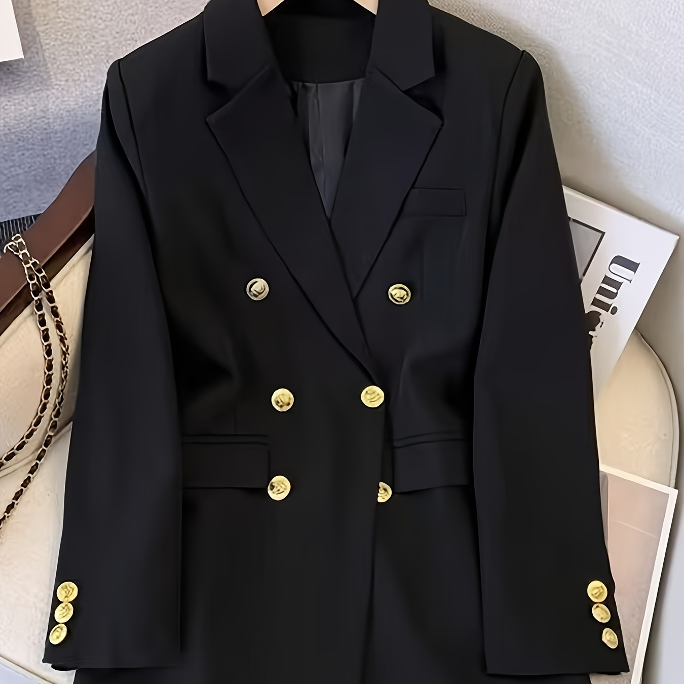 

Women's Casual Solid Color Double Breasted Blazer With Golden Buttons, 100% Polyester Regular Fit Long Sleeve Pea Coat With Woven Fabric - Elegant Jacket