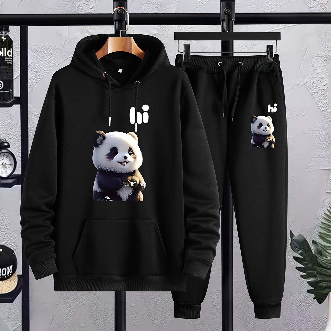 

Plus Size Men's Anime Lovely Panda Print Hooded Sweatshirt & Sweatpants Set For Fall Winter, Men's Clothing