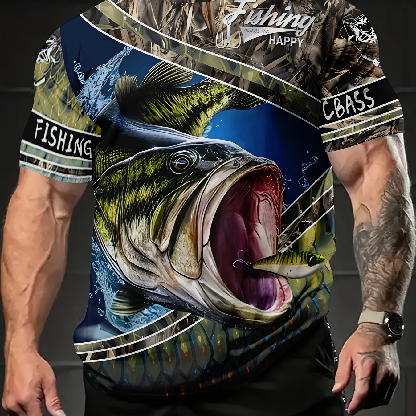 Plus Size Men's 3d Fish Graphic Print Crew Neck Short Sleeve - Temu