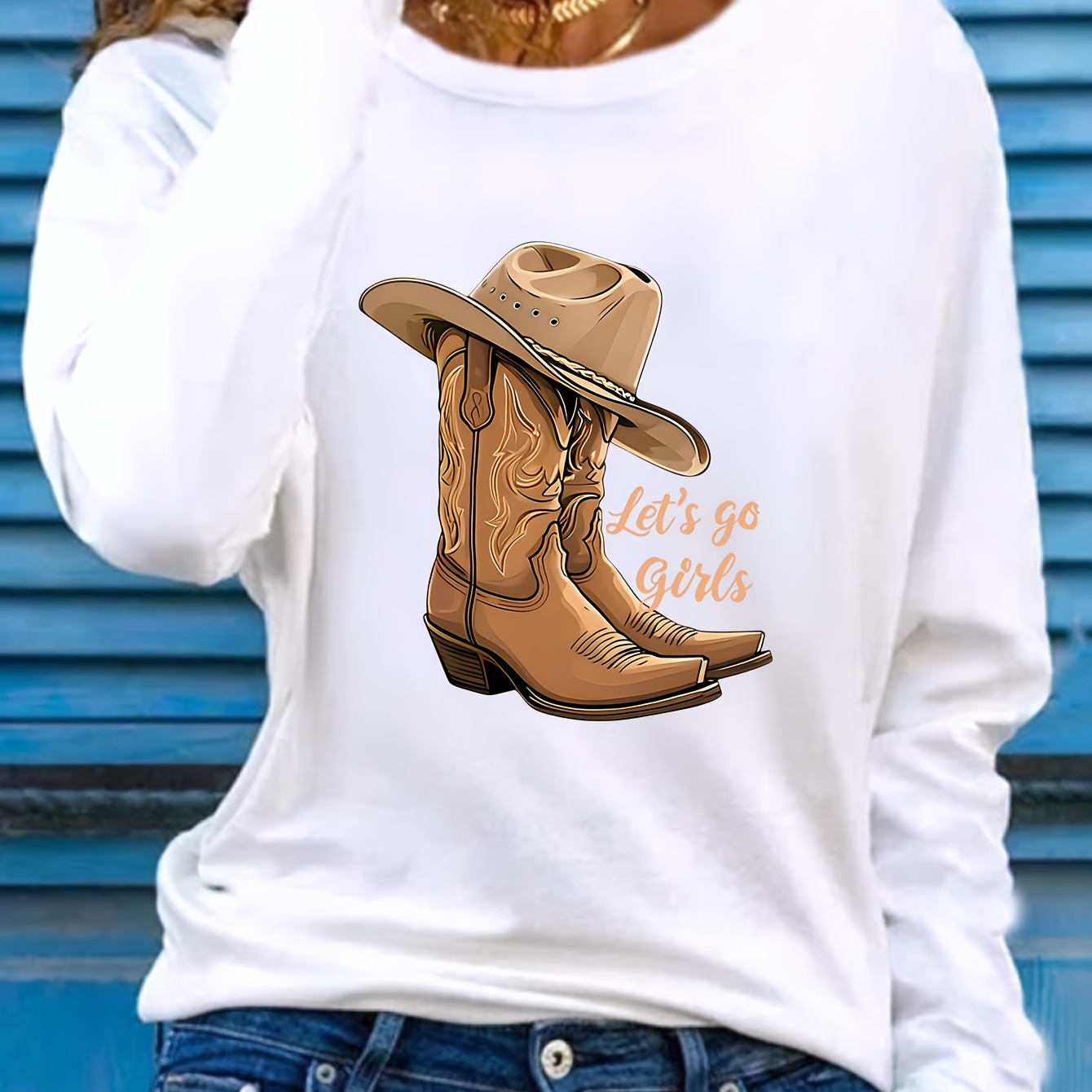 

Women's Long Sleeve Round Neck T-shirt, Western Cowboy Boot Print, Casual Polyester Fabric, Regular Fit, Long Sleeve, Autumn/ Top