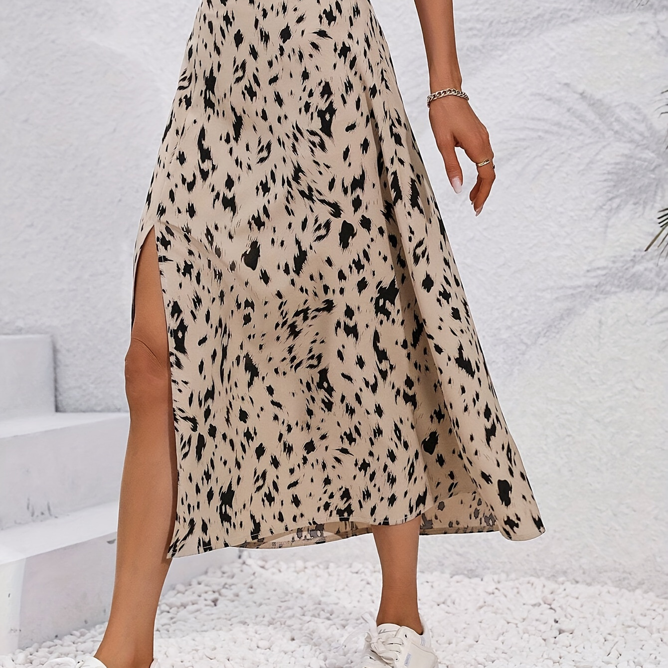 

Allover Print High Waist Skirt, Elegant Split Hem Midi A-line Skirt For Spring & Summer, Women's Clothing