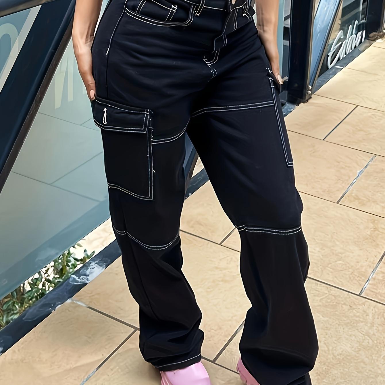 Dark Blue Straight Legs Cargo Pants, Flap Pockets Loose Fit Non-stretch ...