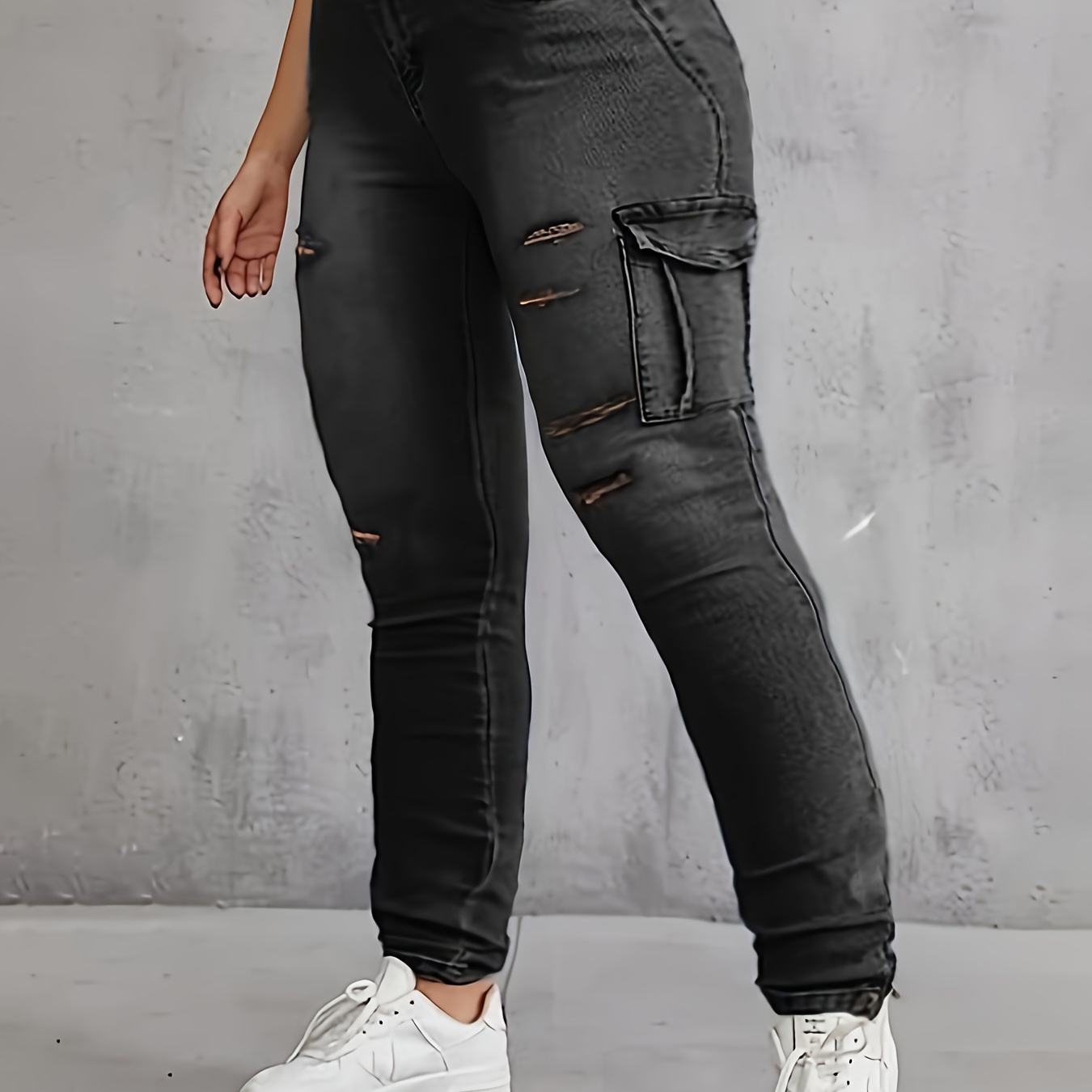 

Plus Size Casual Jeans, Women's Plus Washed Button Fly Ripped Medium Stretch Cargo Jeans With Pockets