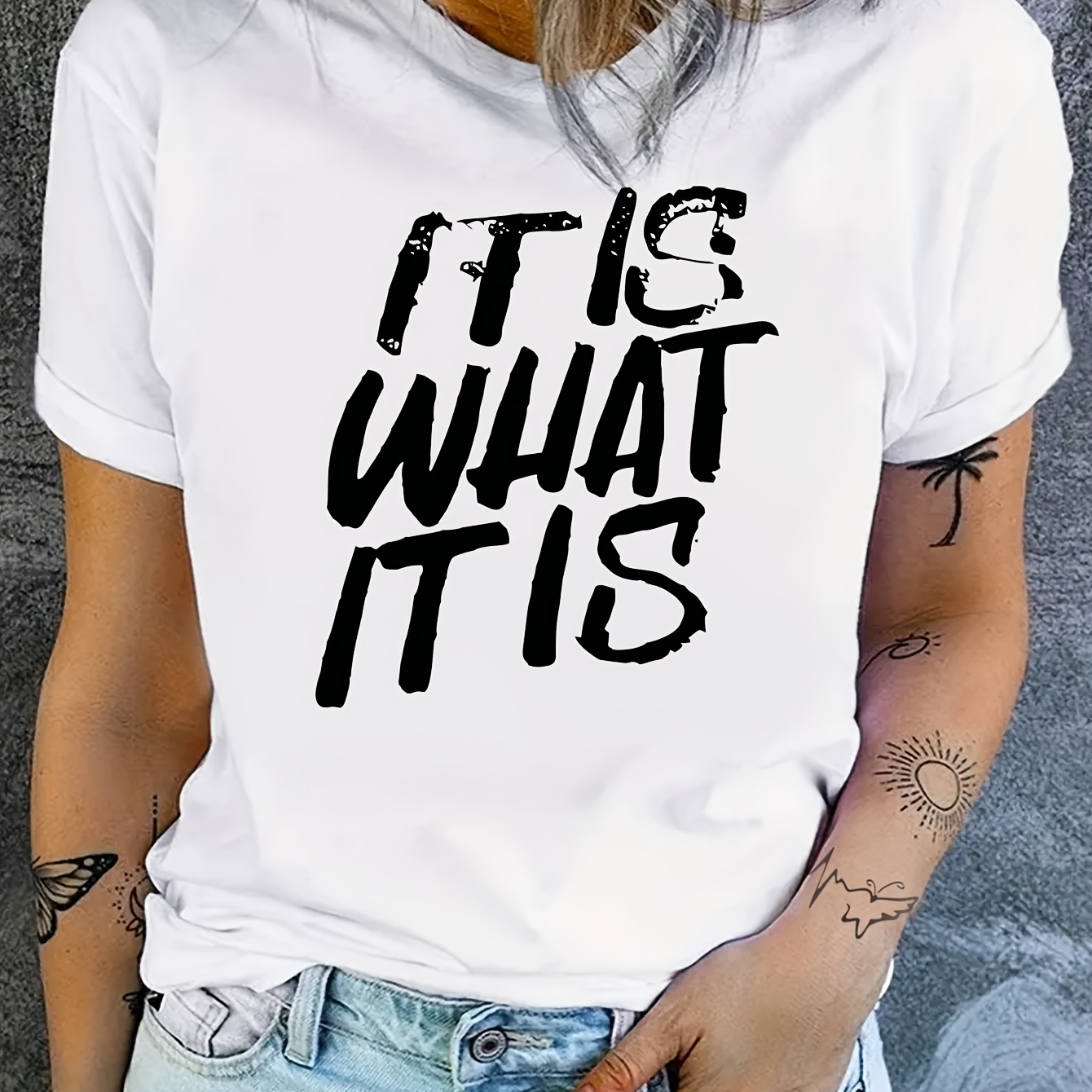 

What It Is Letter Print T-shirt, Short Sleeve Crew Neck Casual Top For Summer & Spring, Women's Clothing