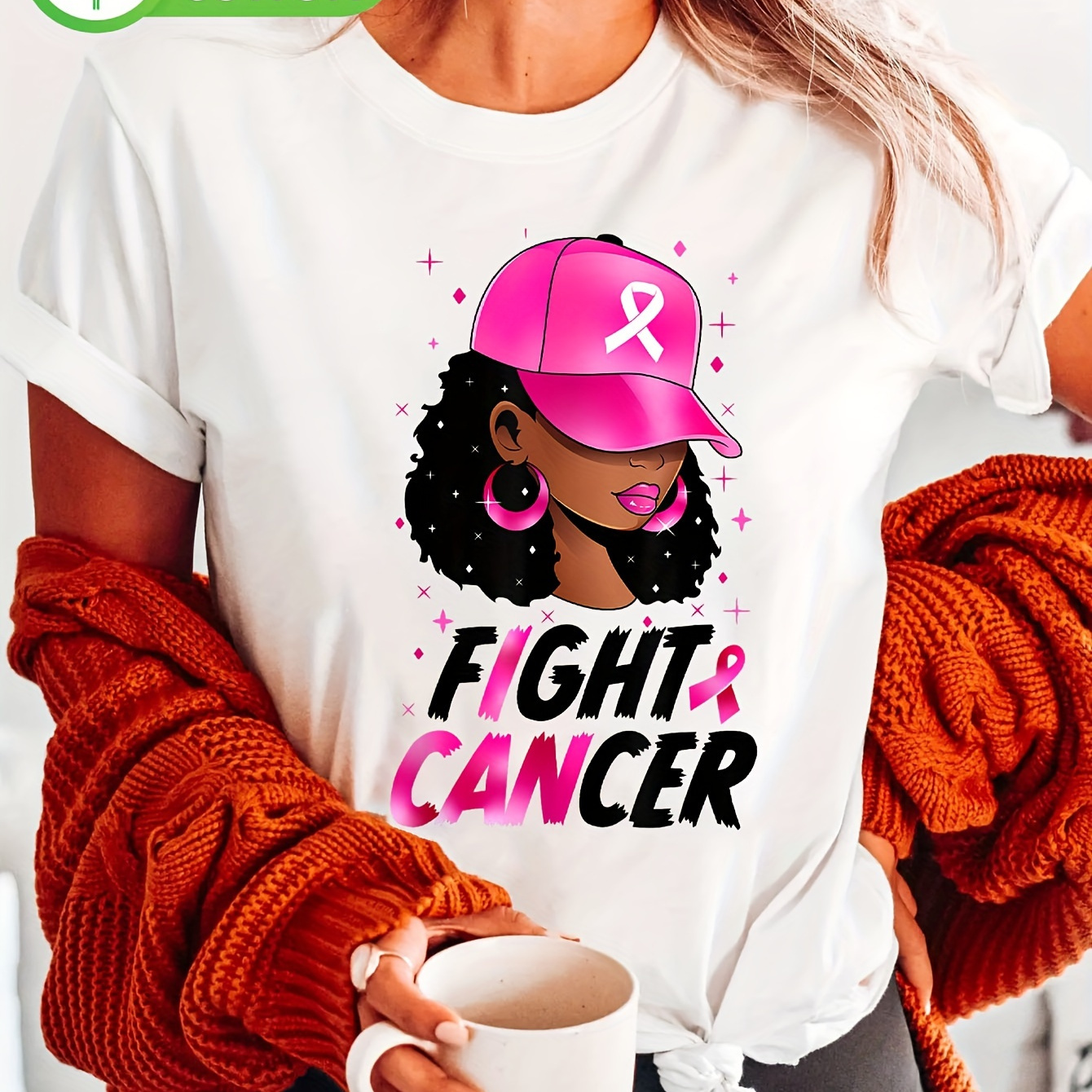 

Women's 100% Cotton Fight Cancer Graphic T-shirt With , Short Sleeve Crew Neck Casual Tee, Letter Pattern, Slight Stretch, Knit Fabric For