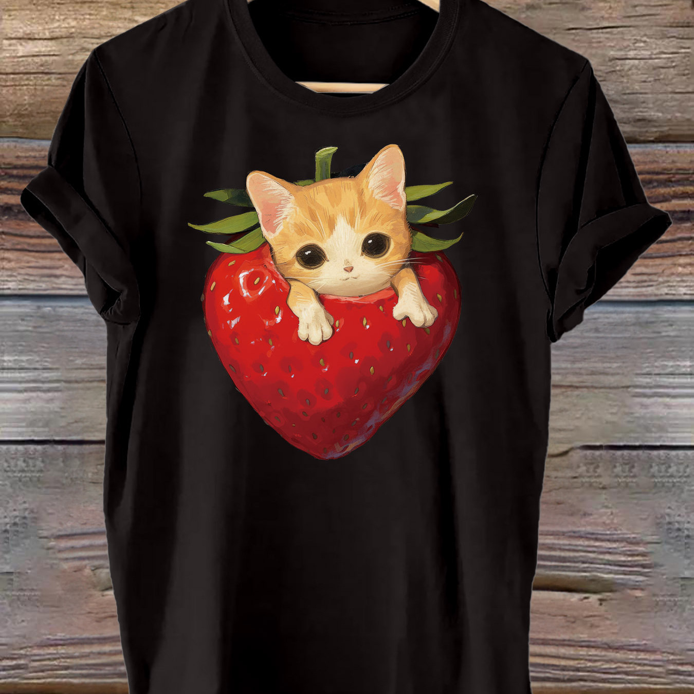 

Cat & Strawberry Print T-shirt, Short Sleeve Crew Neck Casual Top For Summer & Spring, Women's Clothing