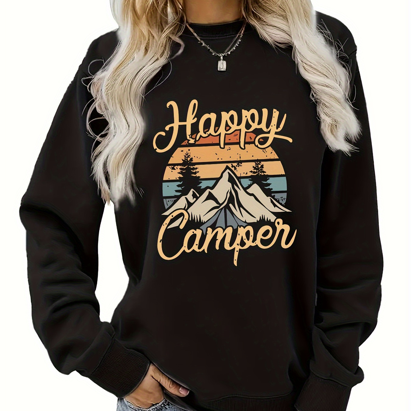 

Mountain & Letter Print Pullover Sweatshirt, Casual Long Sleeve Crew Neck Sweatshirt For Spring & Fall, Women's Clothing