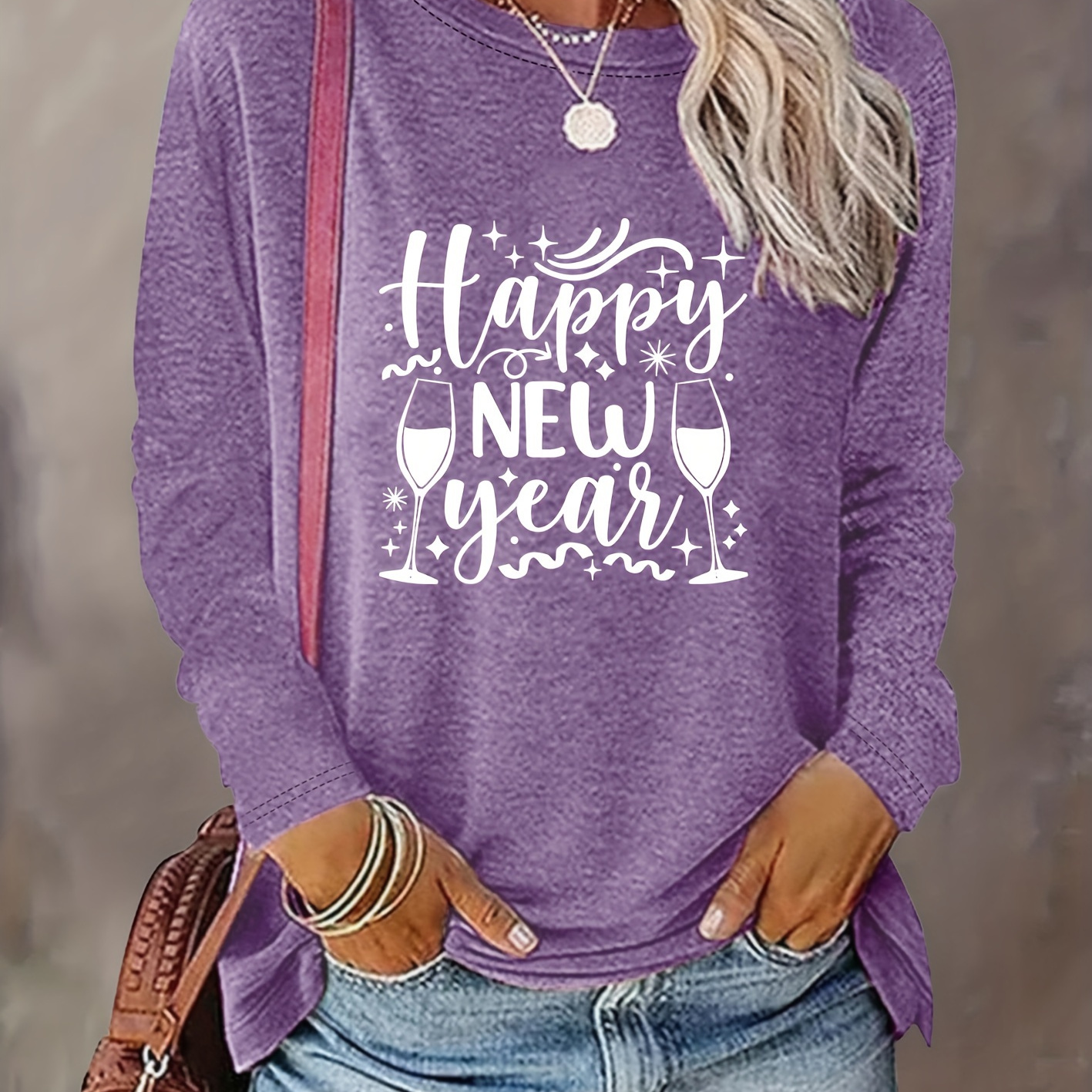 

Vintage Happy New Year Long Sleeve T-shirt For Women, Medium Stretch, Round Neck, Comfort