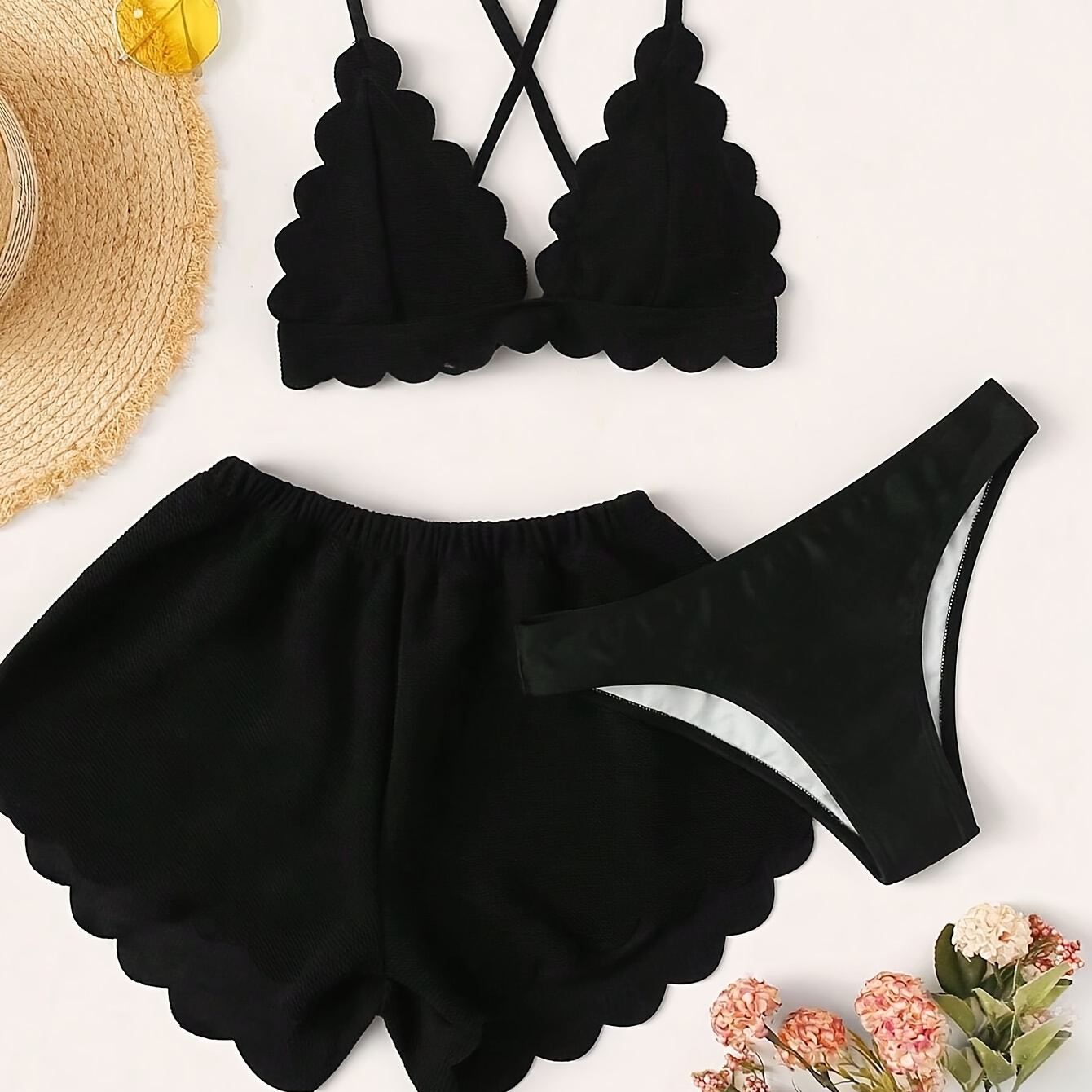 

Solid Color 3pcs Bikini Set, Lace Design With Tie Back, Back, High Cut Sides, Lace Panties + Bikini, Women's Swimwear And Clothing Triangle Top