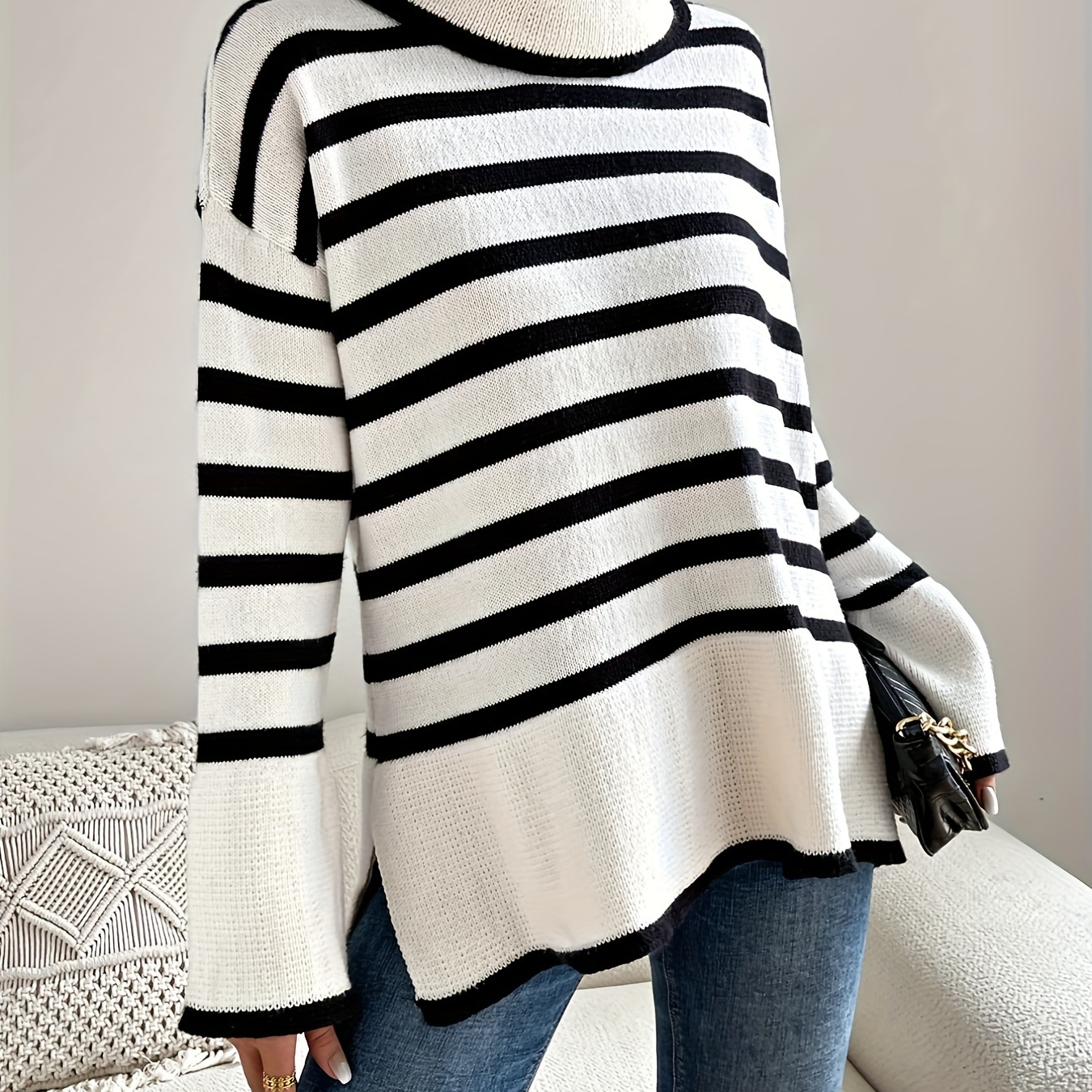 

Striped Turtleneck Pullover Sweater, Casual Bell Sleeve Split Sweater, Women's Clothing