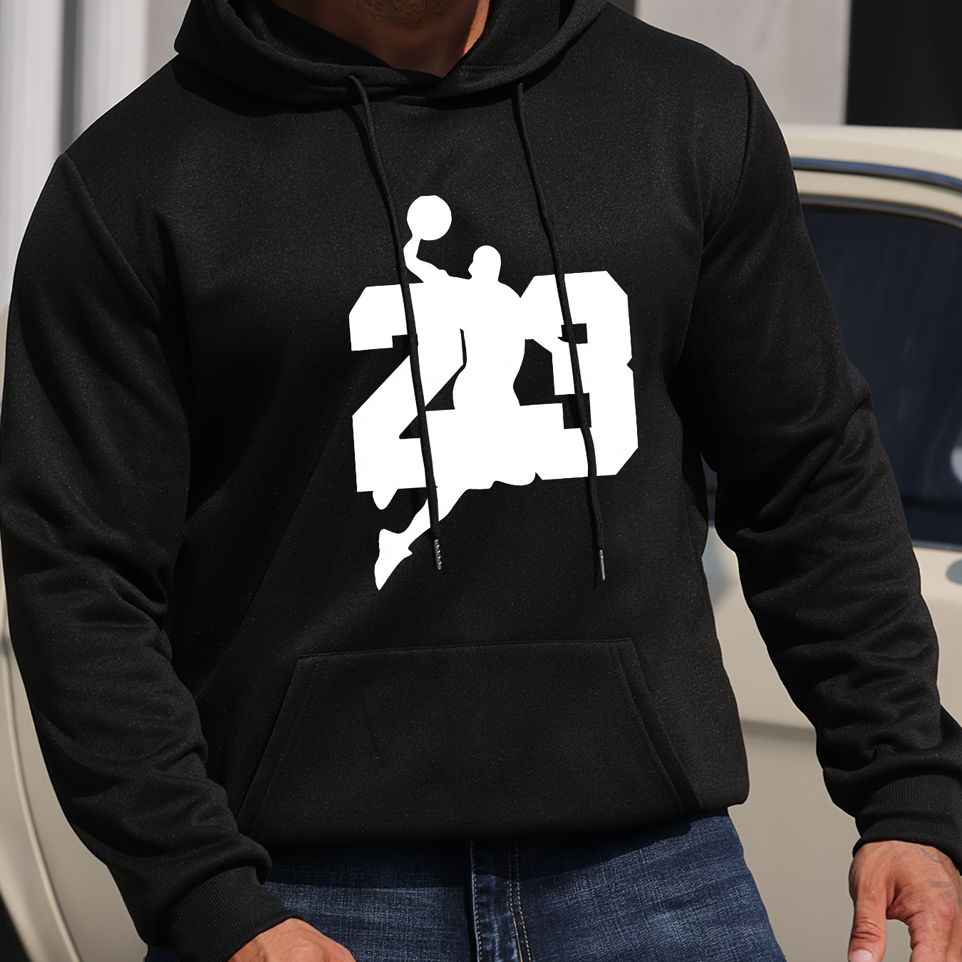 

Men's Casual Hoodie With #23 Basketball Print - Comfy Drawstring Pullover, Polyester , Fall/winter