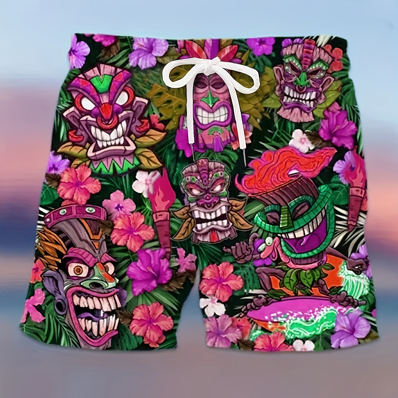 

Men's Trendy Vibrant Colors Floral Pattern Print , Drawstring Beach Shorts For Resort, Hawaiian Shorts