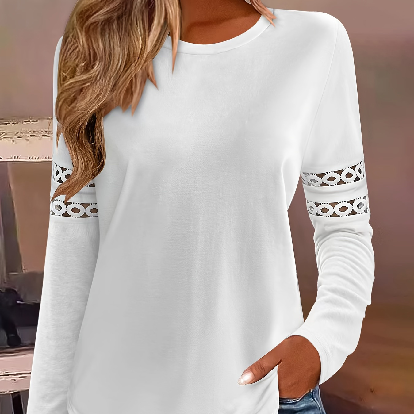 

Elegant Lace-trimmed Long Sleeve T-shirt For Women - Casual Crew Neck, Breathable Polyester , Spring & Fall, For Autumn, Spring