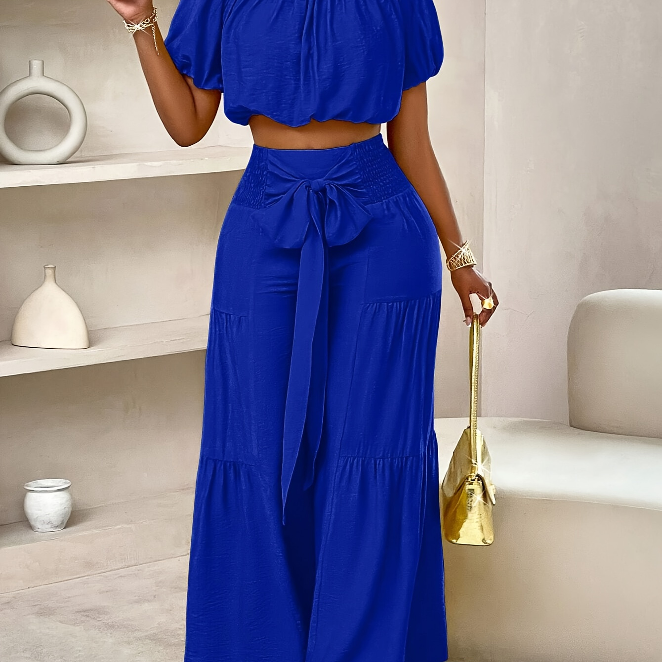 

1set Vacation Off-shoulder Ruffle Sleeve Top And Wide-leg Pants Set, Casual Polyester Solid Color Woven Outfit With Shirred Detail For All