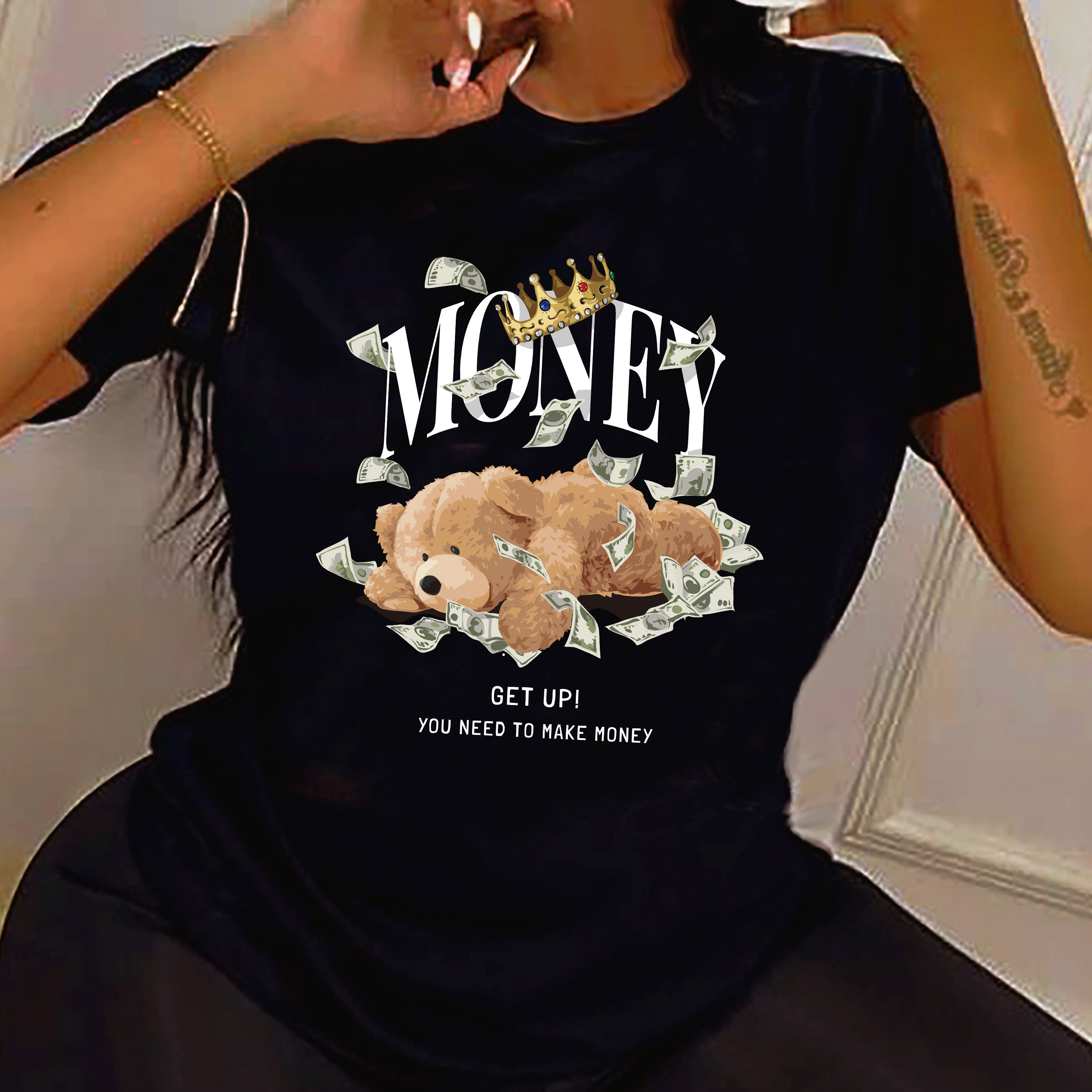 

Money Bear Print T-shirt, Casual Crew Neck Short Sleeve Top For Spring & Summer, Women's Clothing