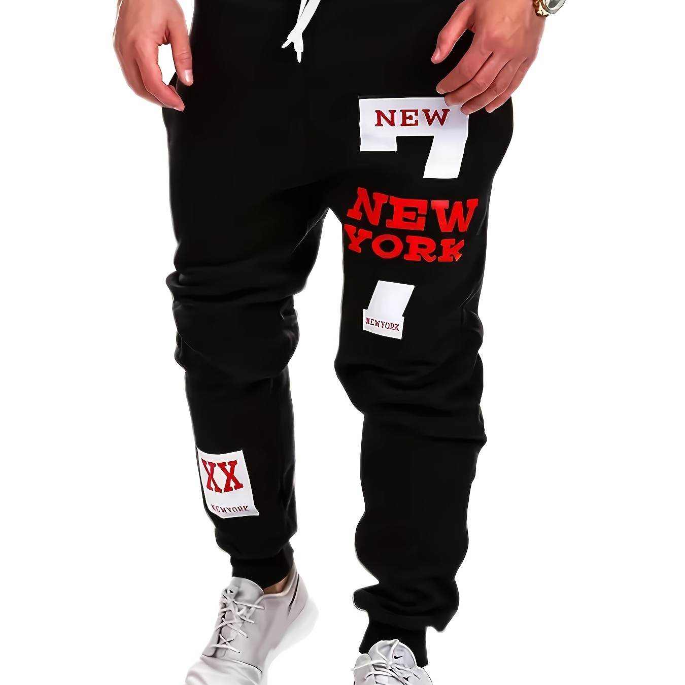 

new " & Print Joggers, Men's Casual Stretch Waist Drawstring Sweatpants For All