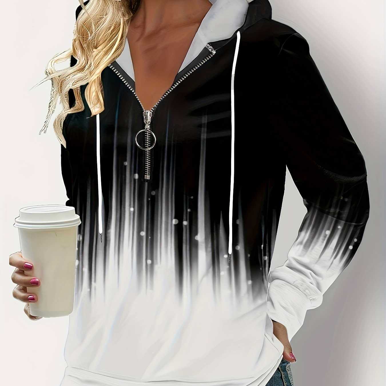 

Gradient Print Quarter Zipper Front Hoodie, Casual Long Sleeve Drawstring Hoodies Sweatshirt, Women's Clothing