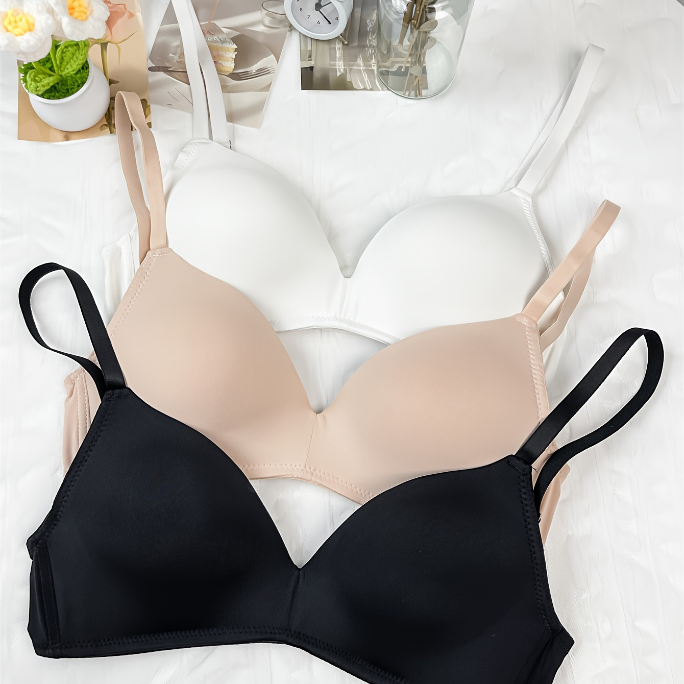 

3pcs Women's Bra Without Steel Ring, Comfortable And Soft, Adjustable Shoulder Strap, Color, Black And
