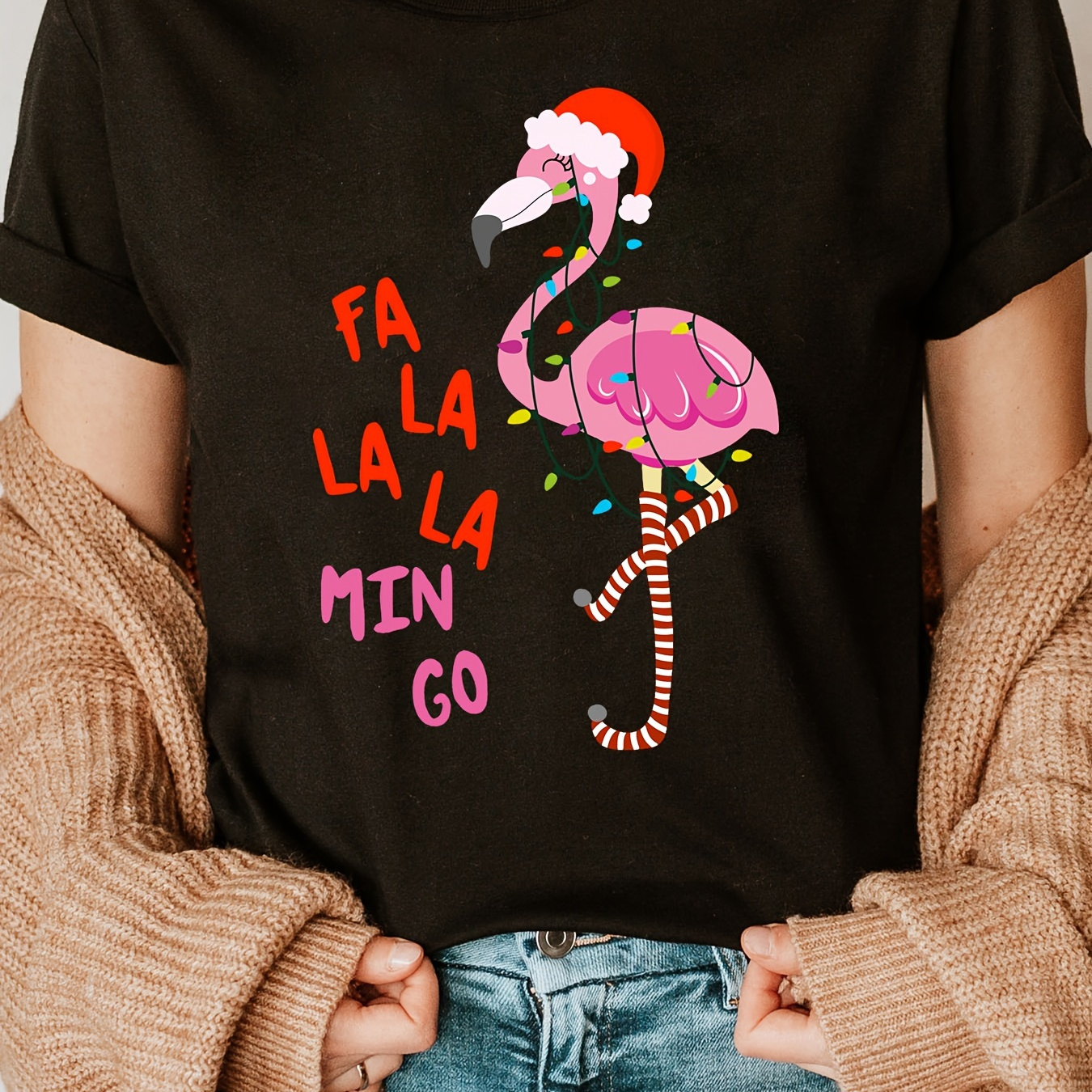 

Women's Cotton Flamingo Graphic T-shirt - Casual Crew Neck Short Sleeve Knit Top With Slight Stretch For All Seasons