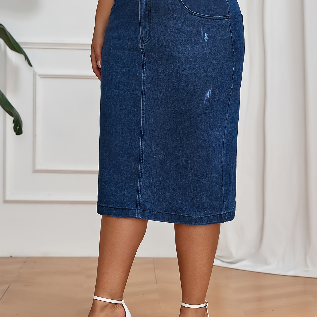 

Women's Casual Denim Skirt, Plus Size Solid Button Fly High Rise High Stretch Pencil Denim Skirt