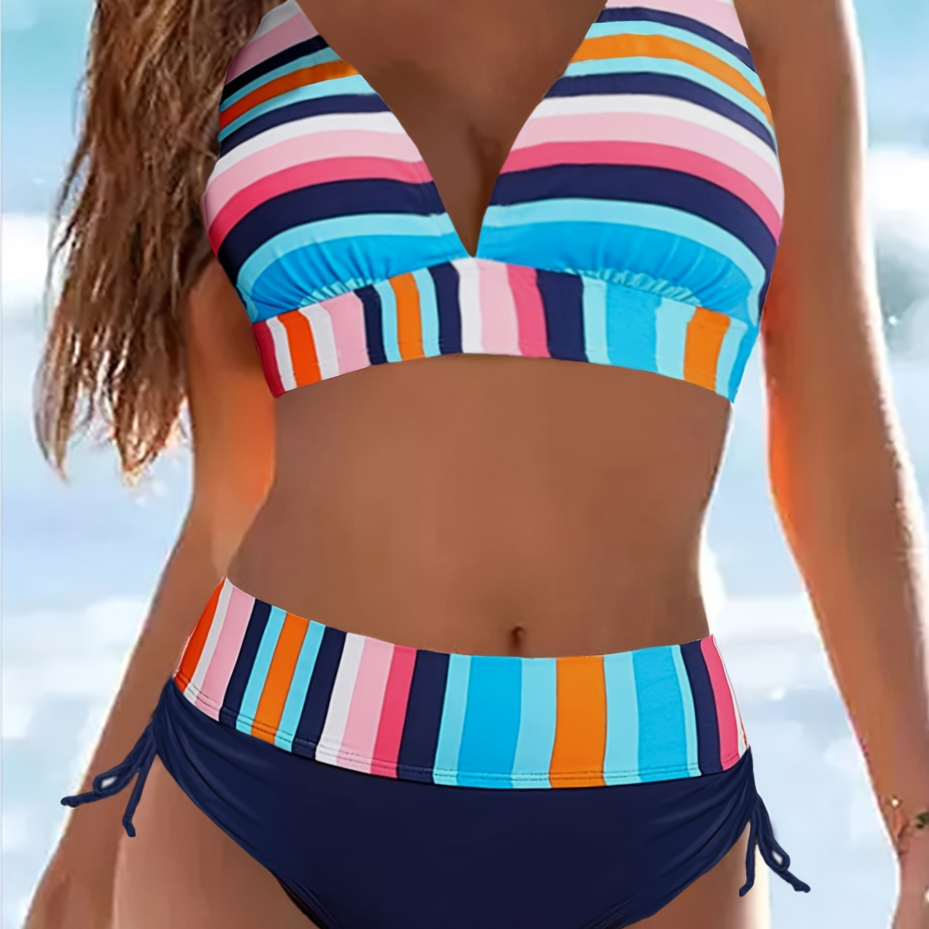 

Colorful Strip Print Halter Drawstring 2 Piece Set Bikni, Tie Neck High Stretch Sexy Bathing Suit, Women's Swimwear & Clothing