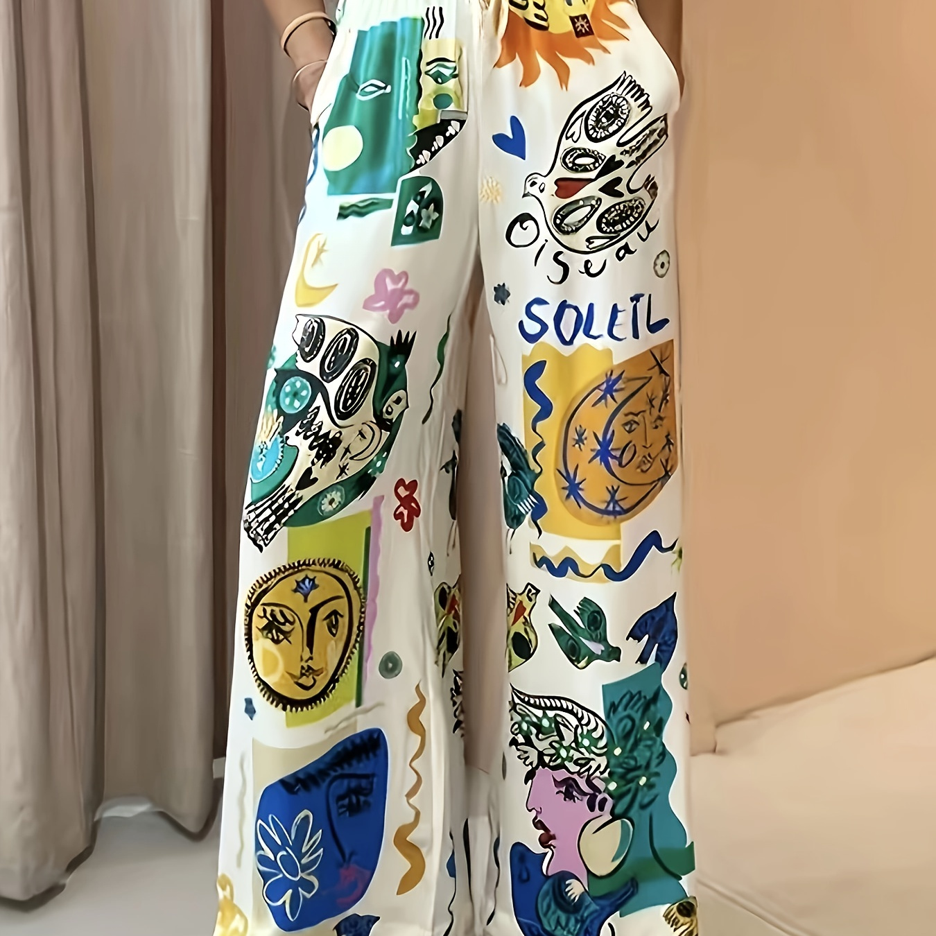 

Pantalon large à imprimé intégral, pantalon ample à taille haute pour le printemps et l'été, vêtements pour femmes