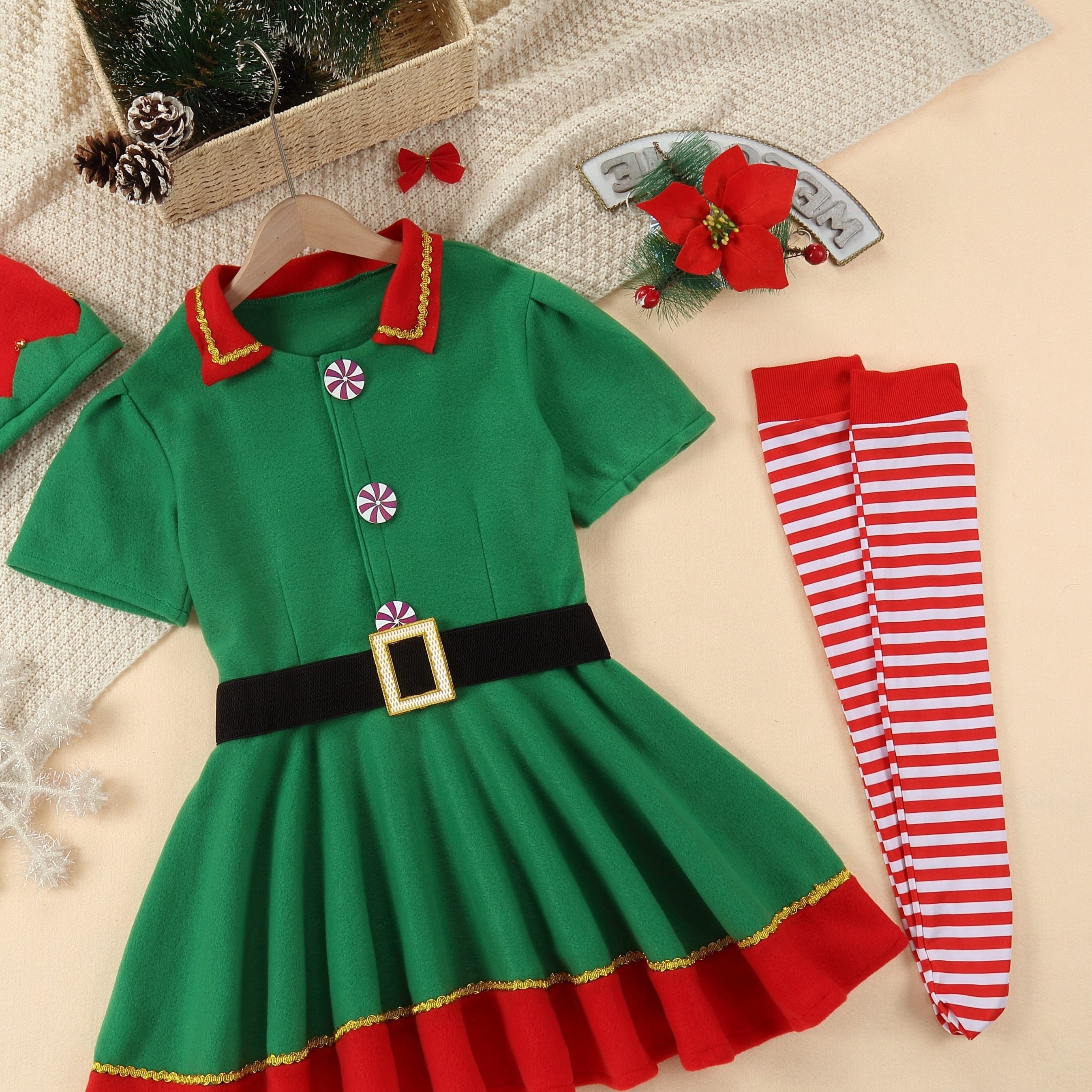 

Girls/boys Elf Dress Set For Christmas Party Spring Fall Costume Gift