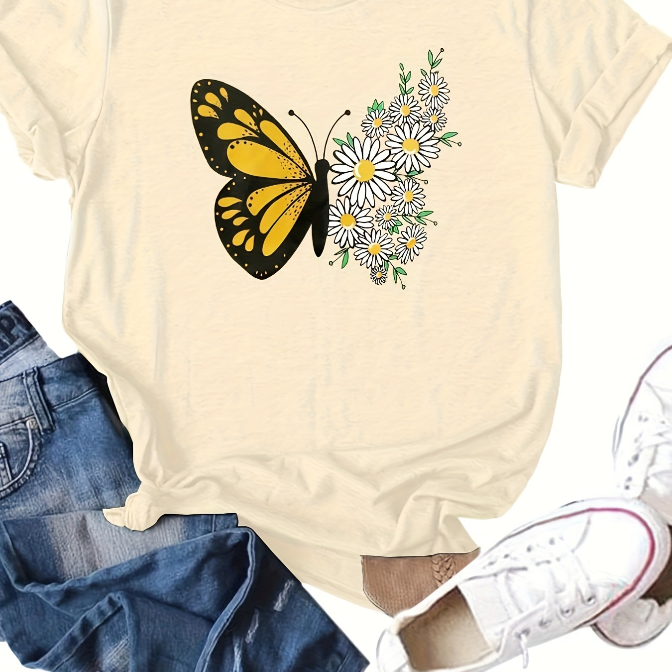 

Butterfly & Floral Print Crew Neck T-shirt, Casual Short Sleeve T-shirt For Spring & Summer, Women's Clothing