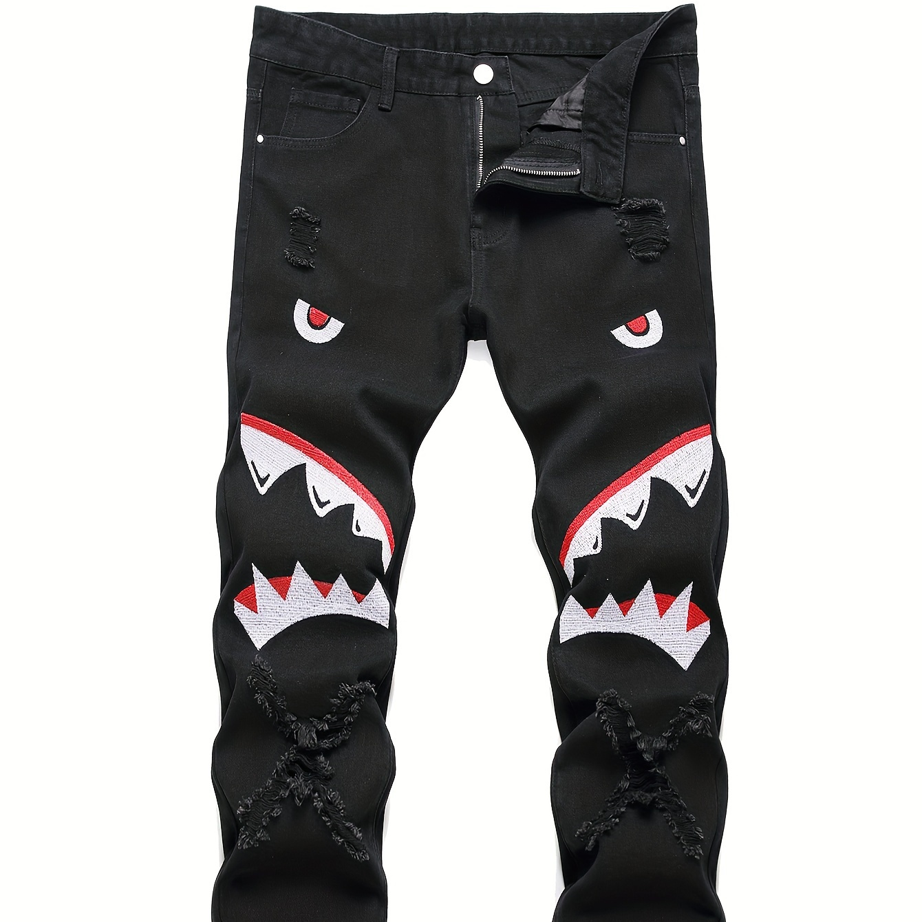 

Boys Distressed Ripped Skinny Jeans, Street Style Denim Pants With Shark Embroidery, Slim Fit For All Season