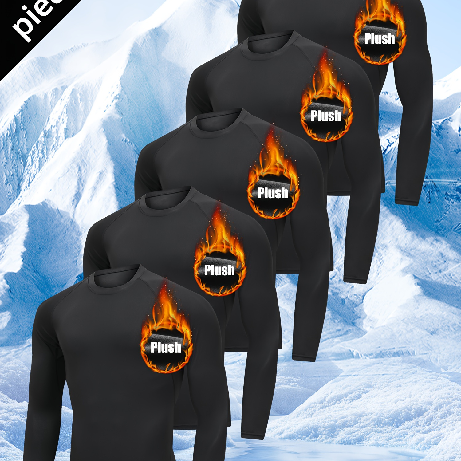 

5pcs Men's Fleece-lined Athletic Set - Warm, Stretchy Long Sleeve Crew Neck Tops With Flame Design For Running, Gym, Skiing & Outdoor Activities - Black, Polyester & Elastane , Fall/winter