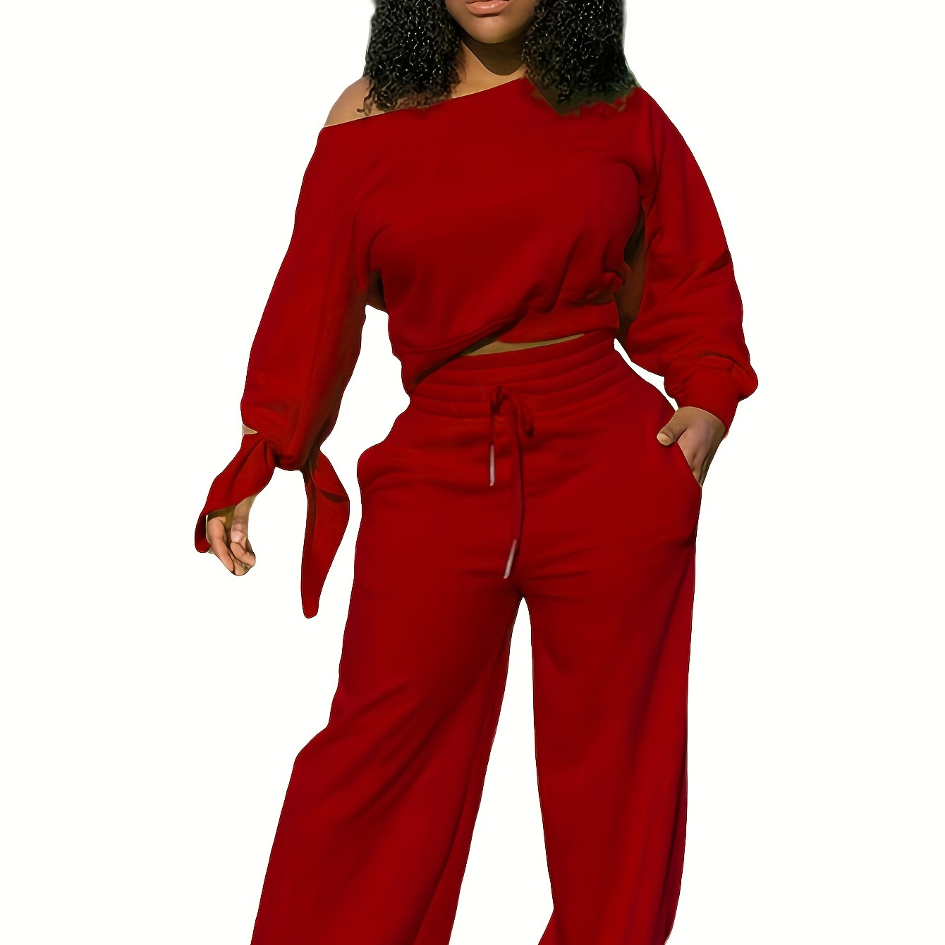 

Plus Size Solid 1 Off Shoulder Fleece Liner Top & Pants Set, Women's Plus Medium Stretch 2pcs Set