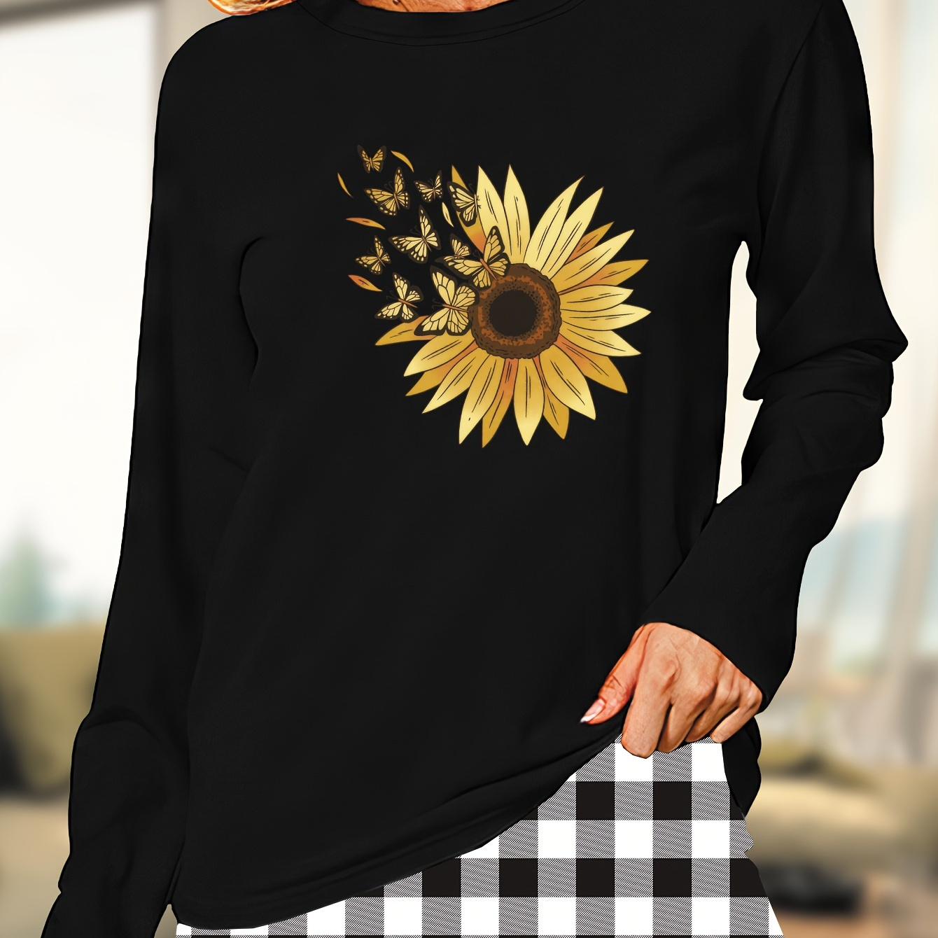 

Sunflower & Butterfly Print Pajama Tops, Long Sleeve Round Neck Top, Women's Sleepwear & Loungewear