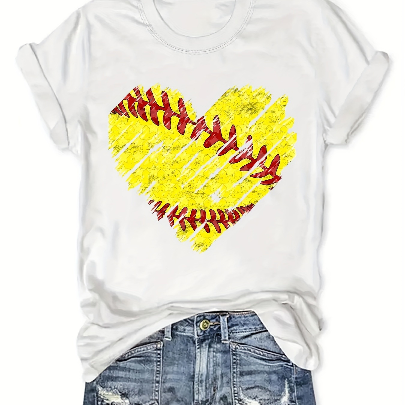 

Baseball T-shirt, Short Sleeve Crew Neck Casual Top For Summer & Spring, Women's Clothing