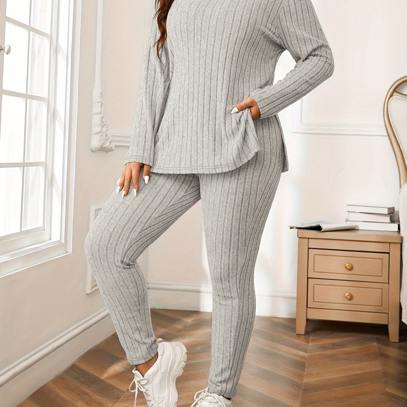 

Women's Casual Lounge Set, Plus Size Solid Long Sleeve Ribbed Split Top & Leggings Pajamas 2 Piece Set - For Fall & Winter