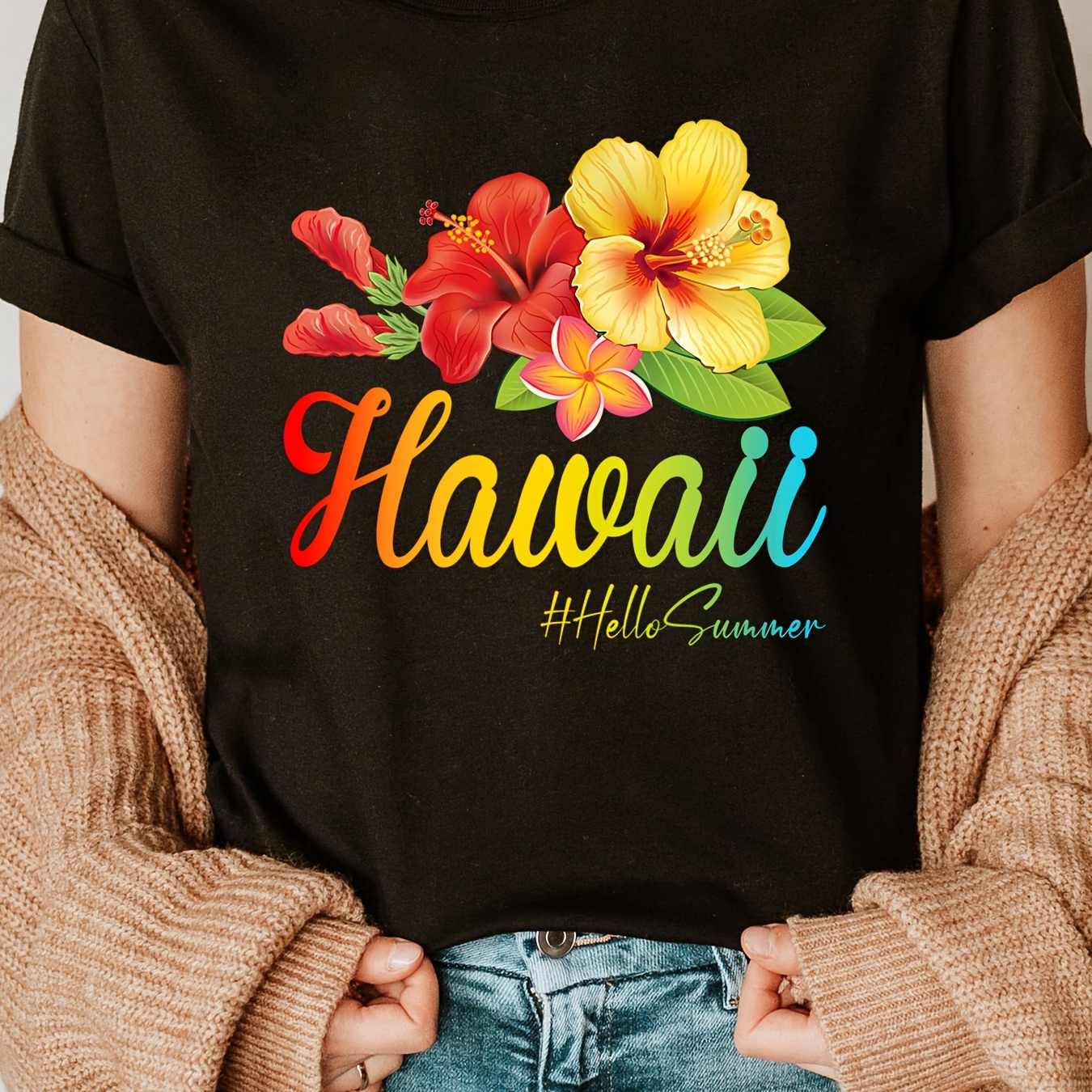 

Hawaii Floral Print Crew Neck T-shirt, Short Sleeve Casual Top For Summer & Spring, Women's Clothing