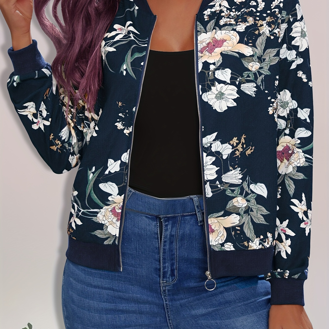

Floral Print Bomber Jacket, Casual Zip Up Long Sleeve Outerwear, Women's Clothing