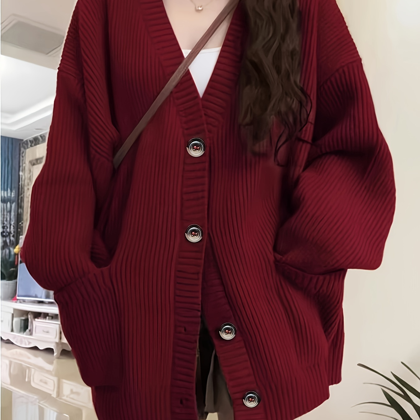 

Cardigan Rouge Chic à Col en V pour Femme - Coupe Décontractée et , Pull en à Manches Longues avec Poches, pour /Hiver