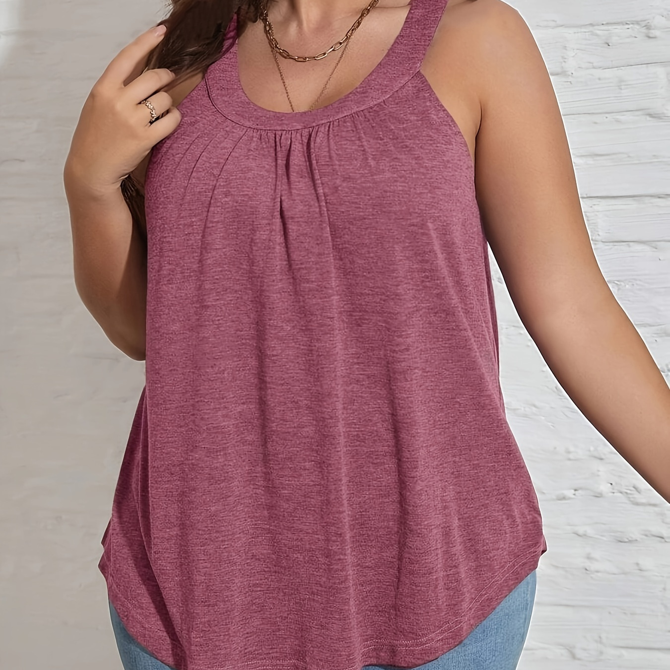 

Plus Size Solid Ruched Tank Top, Casual Crew Neck Sleeveless Top For Summer, Women's Plus Size clothing