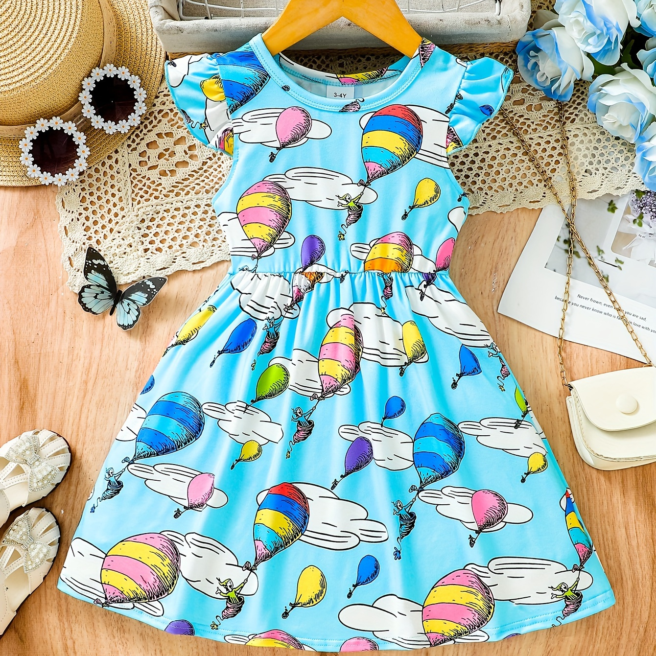 

Girls Casual Sweet Dress With Balloon Clouds Print For 3-7 Years Old