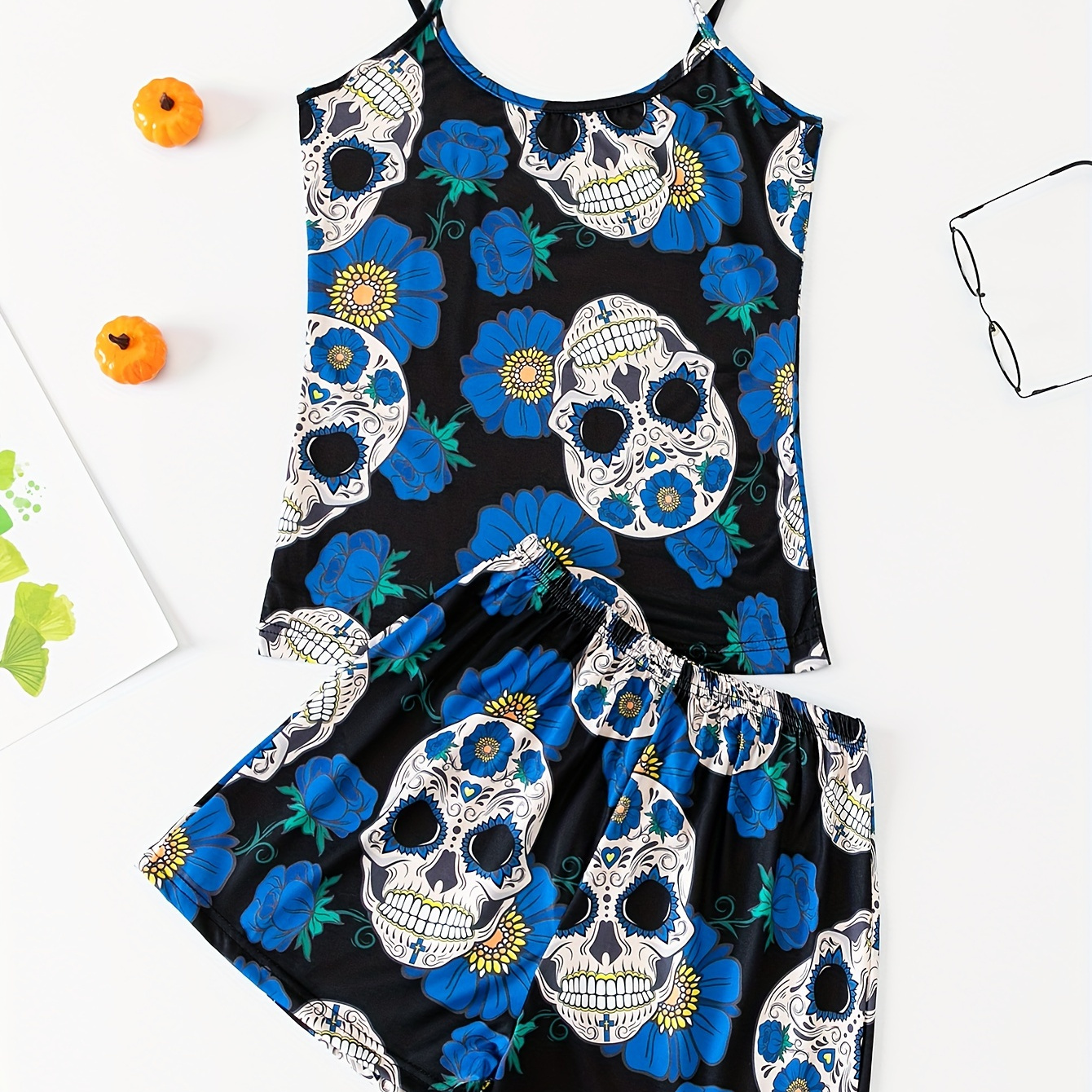 

Skull & Floral Print Pajama Set, Gothic Round Neck Backless Cami Top & Elastic Shorts, Women's Sleepwear